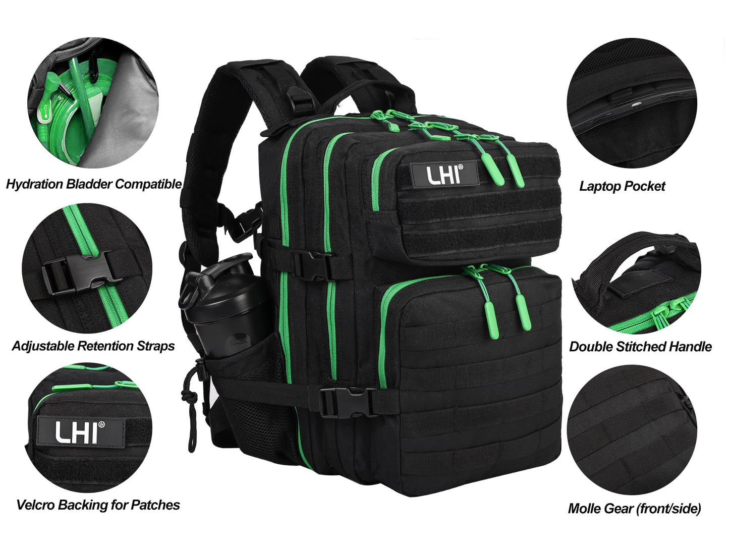 LHI Tactical Military Backpack for Men and Women 25L Army Assault Pack Bag Large Rucksack with Molle System-Black green zipper