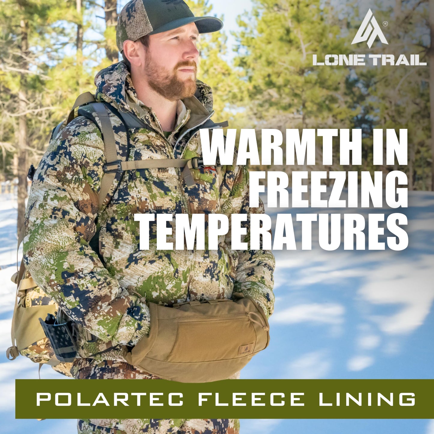 Lone Trail Hiking Hunting Hand Warmer Pouch, Hiking, and Camping with 500D Water Repellent Exterior -Army Hand Muff Hunting Gear 9oz Ultra Light and Adjustable, Sherpa Fleece Lined Tactical HandWarmer