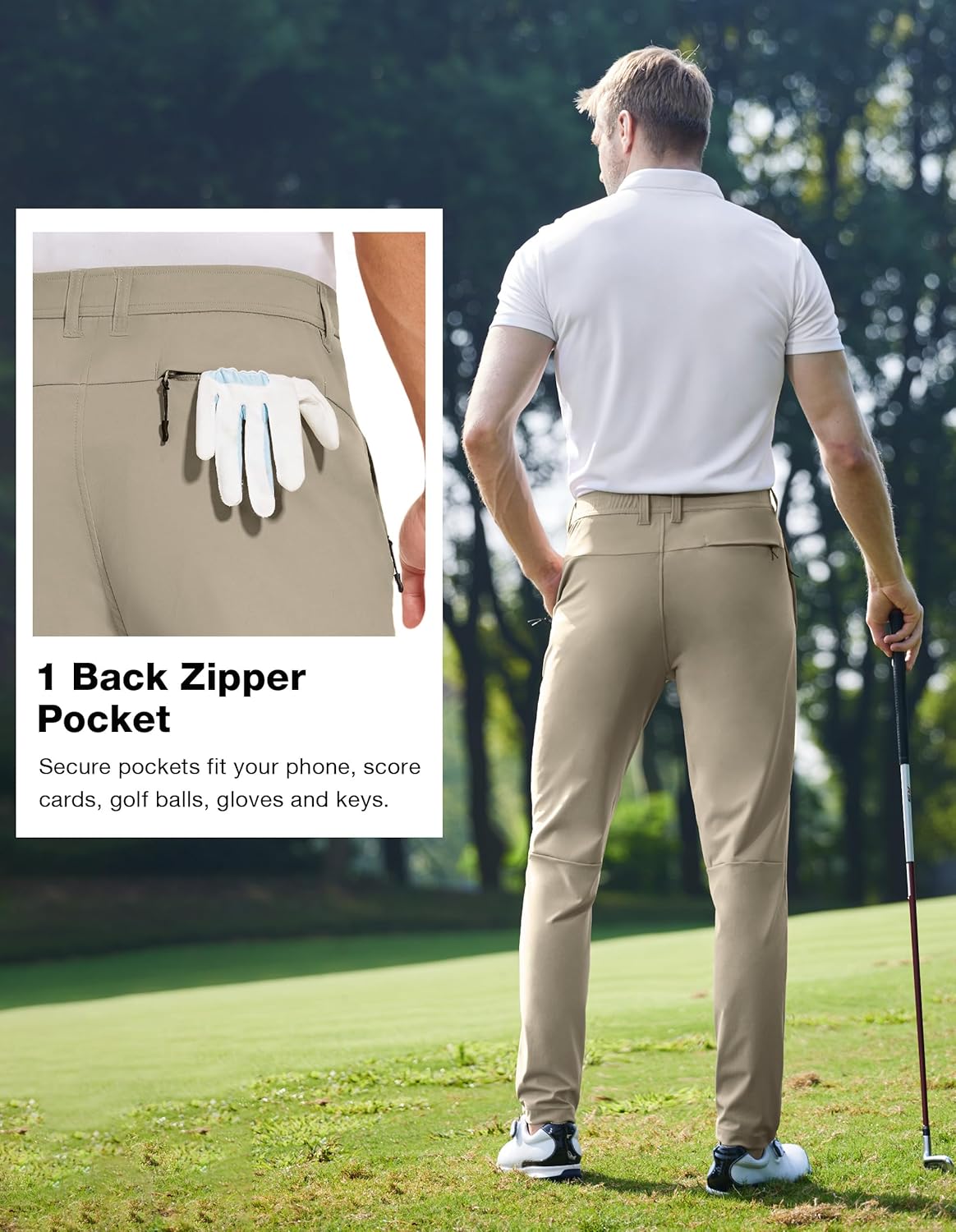 Golf Pants for Men - Lightweight Stretch Slim Fit Hiking Trousers with Zipper Pockets | Casual Tapered Design