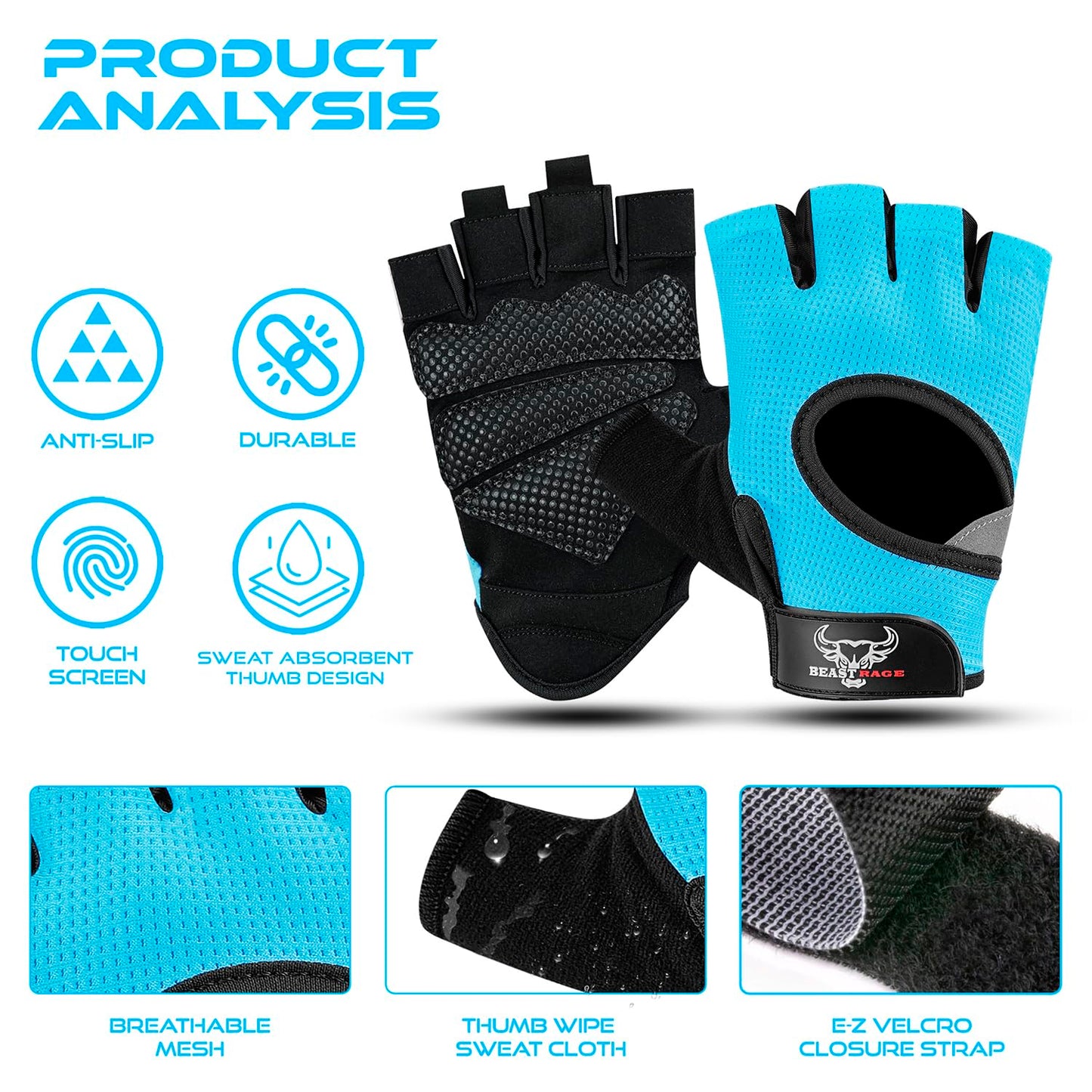 BEAST RAGE Workout Gloves, Men & Women Fingerless Weight Lifting Gym Gloves with Palm Protection, Breathable, Lightweight, Cycling Pull Up (Aqua, S)