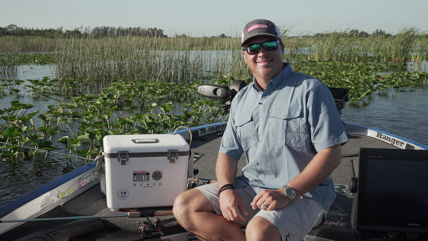 Engel 19qt Live Bait Cooler Box with 2nd Gen 2-Speed Aerator Pump - Portable Fishing Station & Minnow Bucket for Shrimp & Other Live Fish with Aerator - ENGLBC19-N-G in White