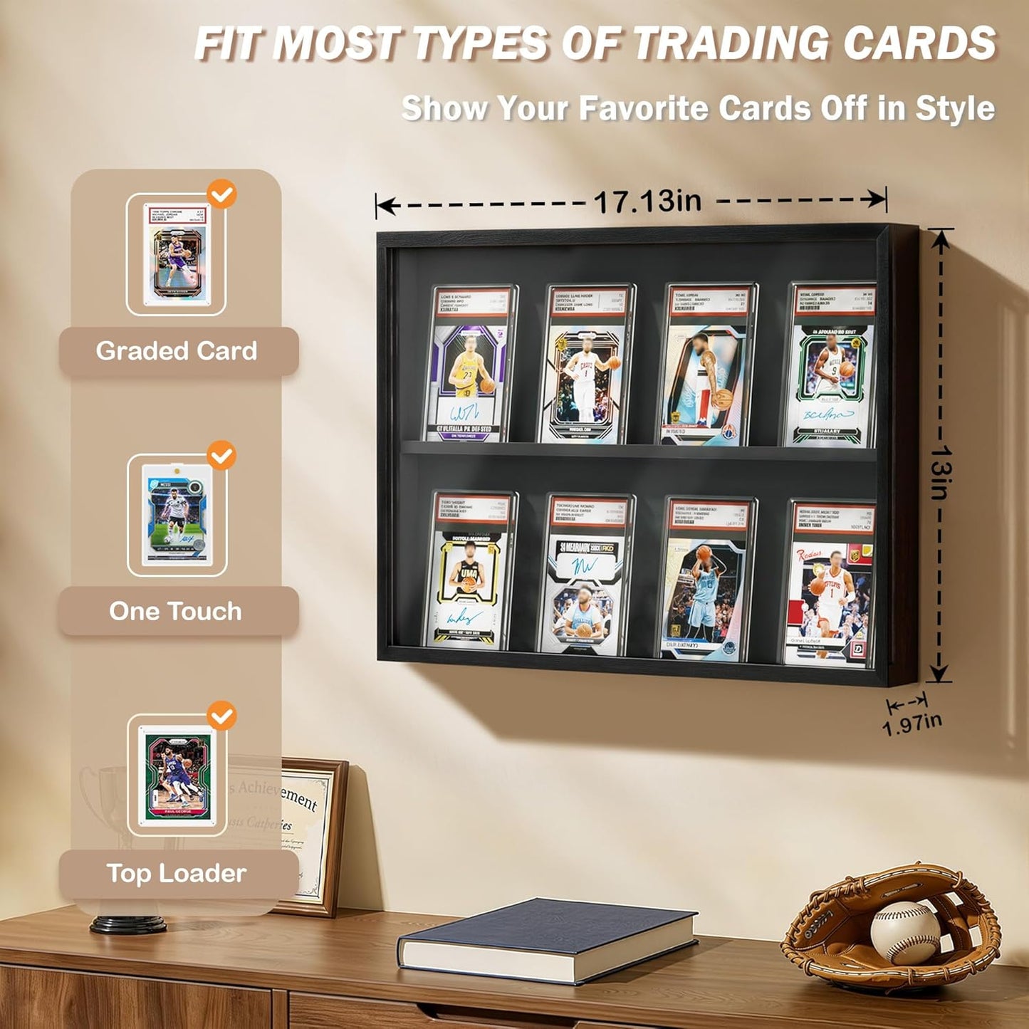 Trading Card Display Case - Wall-Mounted Wooden Frame for Sports Cards | Clear View, Black (1 Pack)