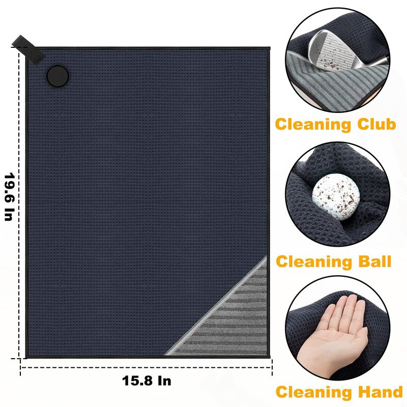 Lousrnman Magnetic Golf Towel, 2 PCS Microfiber Golf Towels with Wire Cleaning Cloth for Men, Industrial Strength Magnet Accessories for Strong Hold to Golf Bags, Carts or Clubs (Black Blue)