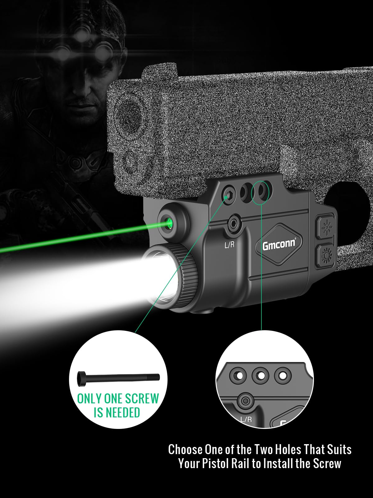 Gmconn 800 Lumen Green Laser Light Combo for Pistol | Tactical Flashlight with Strobe & Momentary Function