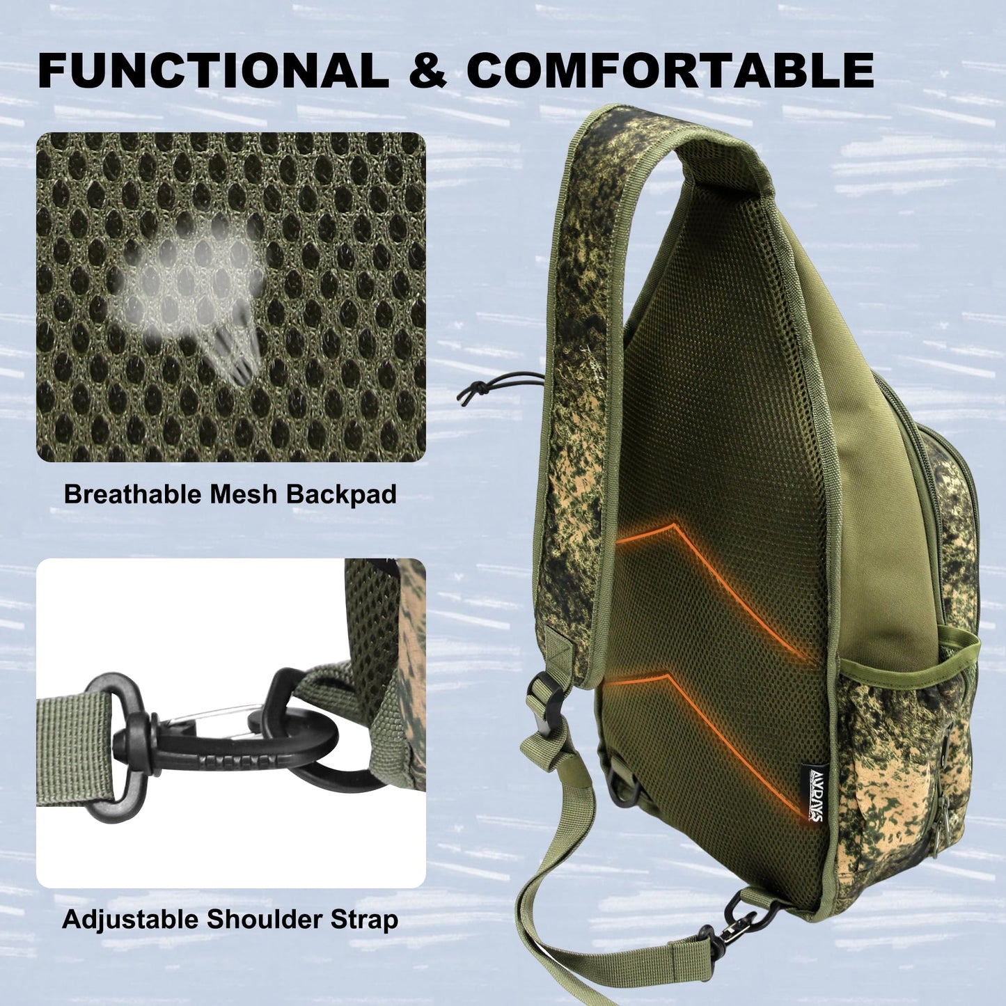 MYDAYS Fishing Sling Tackle Storage Bag, Lightweight Outdoor Sling Tackle Backpack for Fishing Gear and Equipment (Khaki)