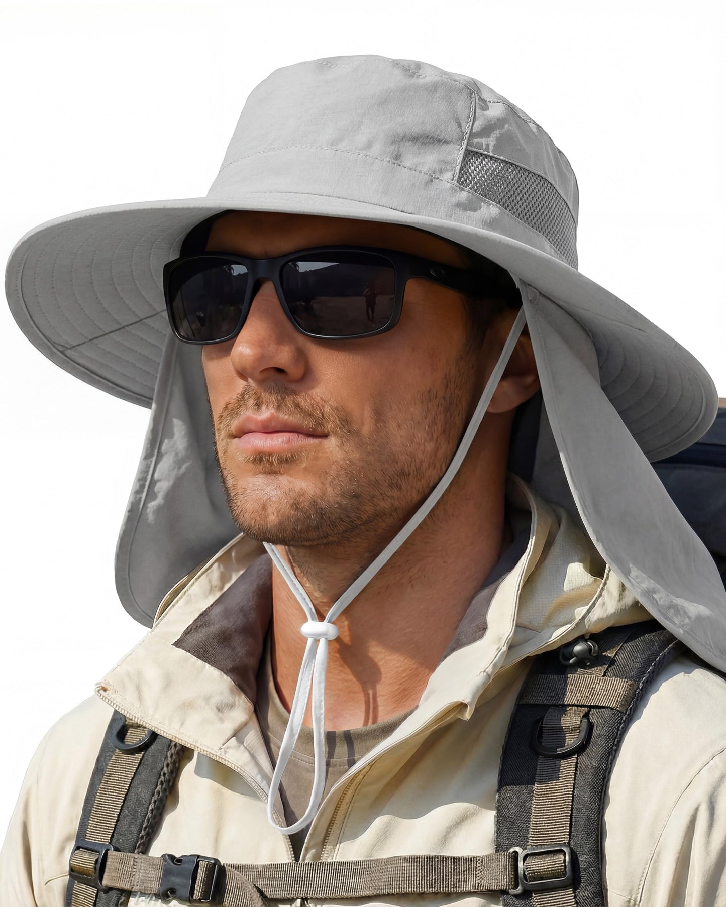 OLIKER Sun Hats for Men Wide Brim Bucket Hat with Neck Flap for Fishing & Hiking Mens Sun Hat for UV Protection (US, Alpha, One Size, Light Grey)