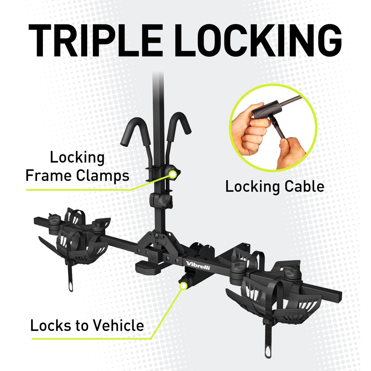 Vibrelli Electric Bike Hitch Rack - 2 Ebike Rack Fits Fat Tire, Mountain Bike, Standard Bicycles - 65lbs per Bike - Patented Anti-Wobble - Cars & SUV - Tilt Down/Fold Up Platform - Locking Tow Mount