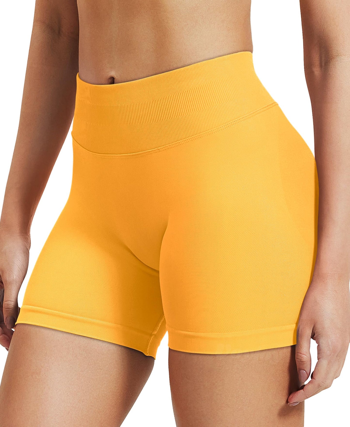 VOYJOY Women Workout Impact Shorts 2.5"/ 3.6"/ 4.5"/ 6" Scrunch Butt Lifting Gym Seamless Booty Biker Shorts Cream Yellow