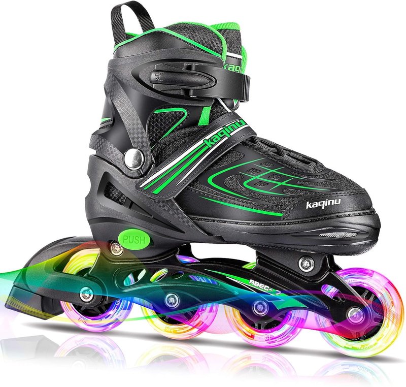 KAQINU Adjustable Inline Skates, Outdoor Inline Skates Roller with Full Illuminating Wheels for Women, Kids, Girls and Boys (Green, S)