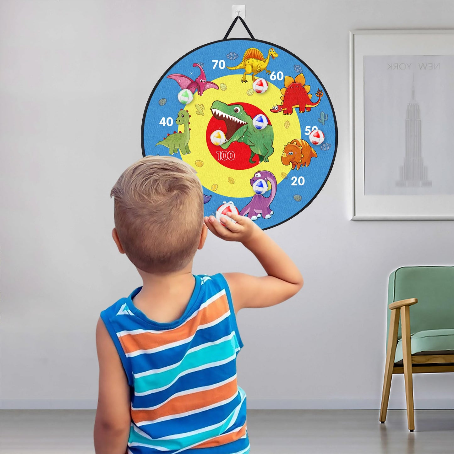 TOMYOU 26" Dart Board for Kids with 16 Sticky Balls, Double Sided Dinosaur Dart Board, Indoor Outdoor Party Games Toys, Birthday Toys Gift for Age 5 6 7 8 9 10 11 12 Year Old Boys Girls