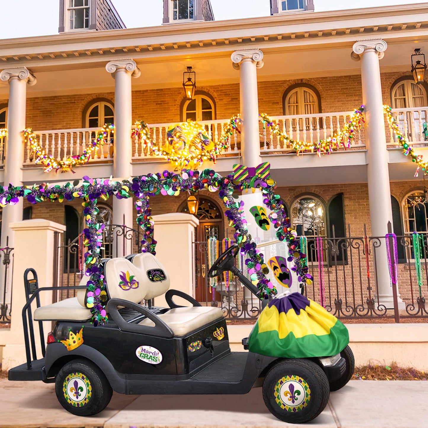 DoubleFill Mardi Gras Golf Cart Decoration Burlap Bunting Flag Purple Green Gold Tinsel Garland Golf Cart Stickers for Mardi Gras Parade Carnival Party Supplies