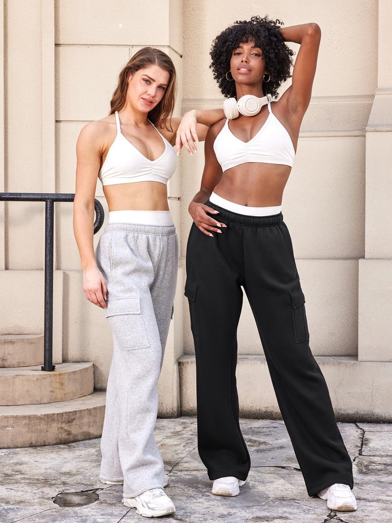 YEOREO Sweatpants Womens Cargo Pants Fleece Lined Wide Leg Joggers Baggy Drawstring Nairi Sweat Pants with Pockets Black S