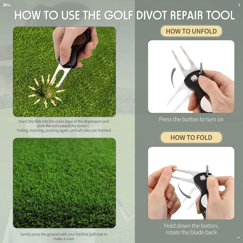Skylety 4 Pcs Golf Divot Repair Tool Metal Foldable Golf Divot Tool with Magnetic Pop-up Button Ball Marker Stainless Steel Switchblade for Golfers Prizes(Red, Silver, Gray, Black)