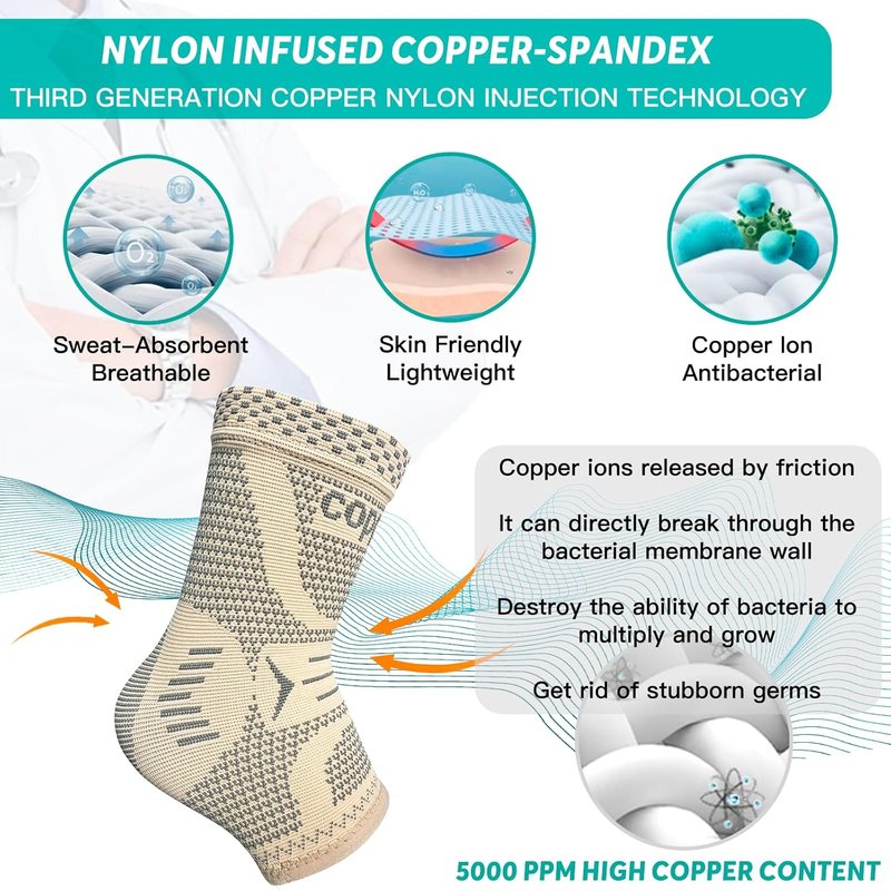 Copper Infused Ankle Brace - Compression Sleeve for Sprains & Tendonitis | Skin Silver, Size S