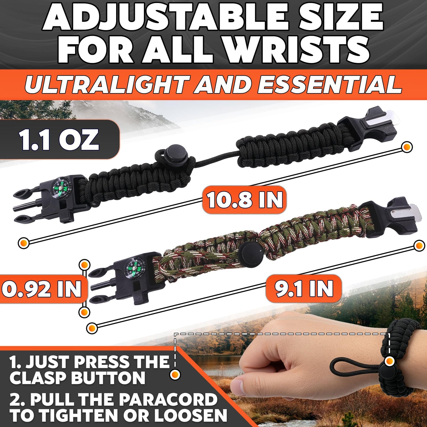 NADOBA Paracord Bracelets, Set of 2, 11.8 ft Nylon Cord (Black & Camo)