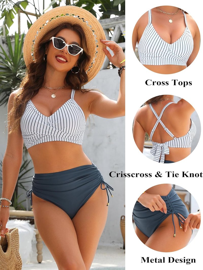 High Waisted Bikini Set - Women's Tummy Control Swimsuit with Crisscross Tie Back | Blooming Jelly