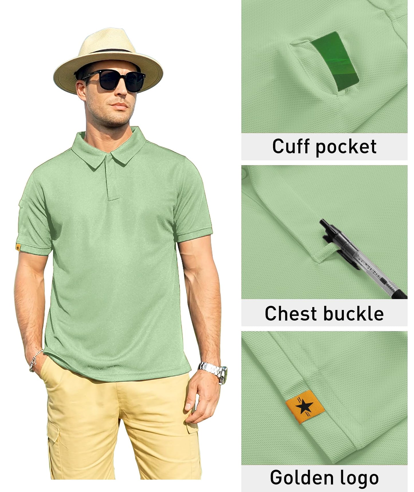 ZITY Mens Polo Shirt Short Sleeve Sports Tactical T-Shirt Athletic Golf Polos Daily Casual Stylish Collared Shirts for Men Ash Green Large