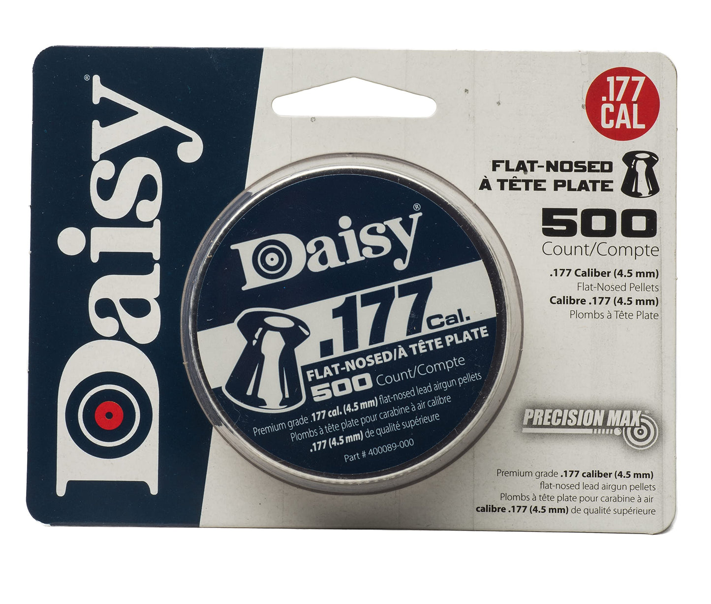 Daisy, Precision Max .177 Cal, 7.8 Grains, Wadcutter, 500ct, Flat-Nose Pellets, Flip Top Box, Belt Clip Design, .177 Caliber, 987597-406
