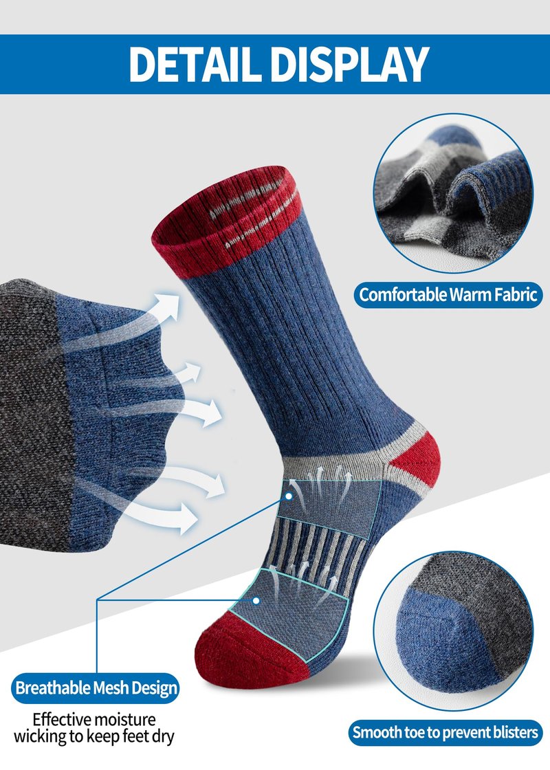 Men's Wool Crew Work Socks, 5 Pairs, Moisture Wicking Cushioned Boot Socks for Hiking, Running and Sports (US, Numeric, 10, 13, Regular, Regular, Net Mix)