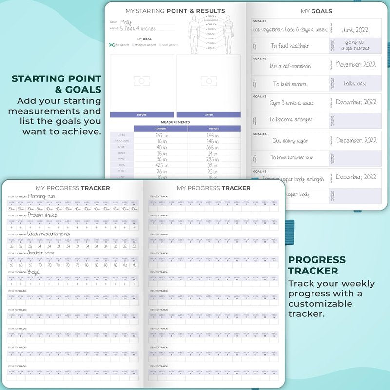 Fitness & Food Journal - Nutrition & Workout Planner for Men & Women | A5 Hardcover, Undated, Aquamarine