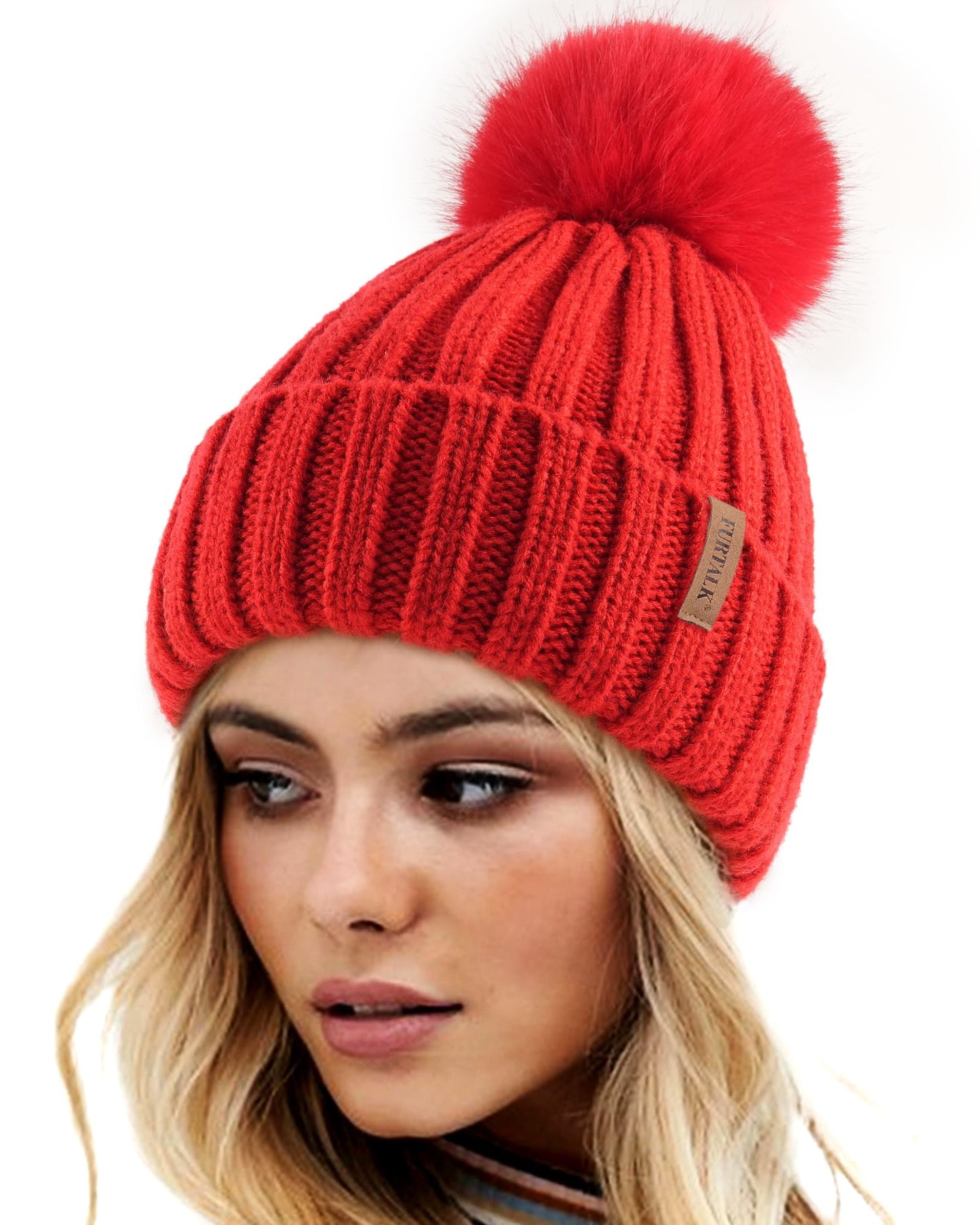 FURTALK Womens Winter Knitted Beanie Hat with Faux Fur Pom Poms Warm Knit Skull Cap for Women Red with Red Pom