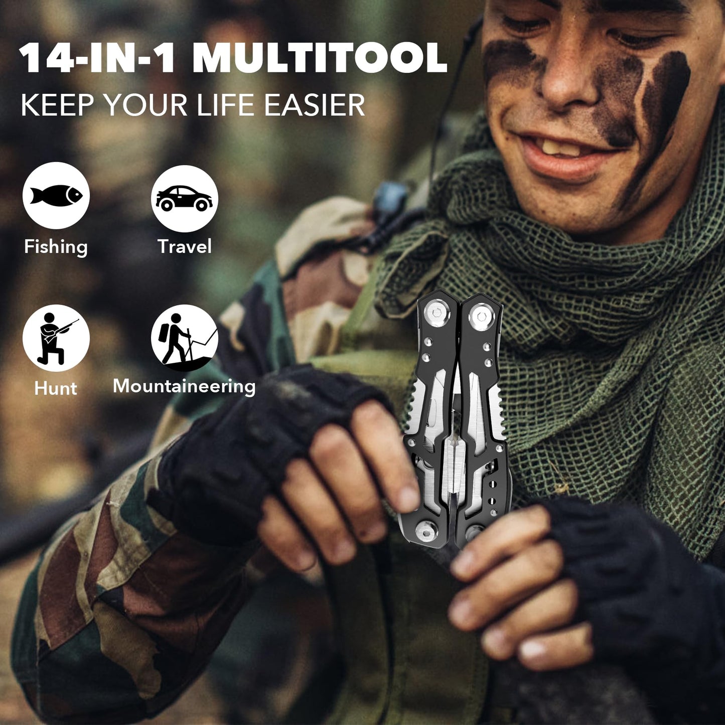 14-In-1 Multitool with Safety Locking, Professional Stainless Steel Multitool Pliers Pocket Knife, Bottle Opener, Screwdriver with Nylon Sheath ，Apply to Survival,Camping, Hunting and Hiking