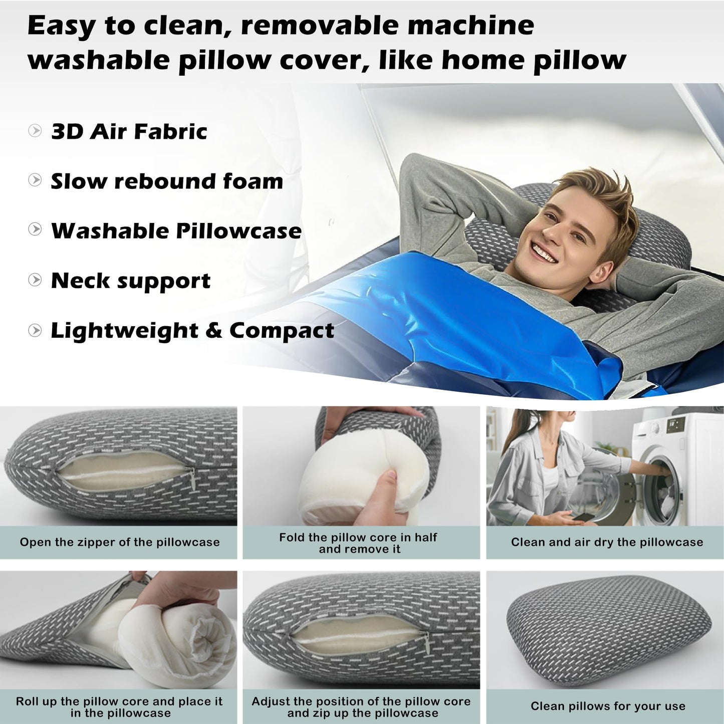 Orynvaux Memory Foam Camping Pillow - Lightweight & Portable Small Travel Pillow for Airplane & Train Travel, Camping, Backpacking, Removable Washable Cover, Easy to Clean, Includes Storage Bag