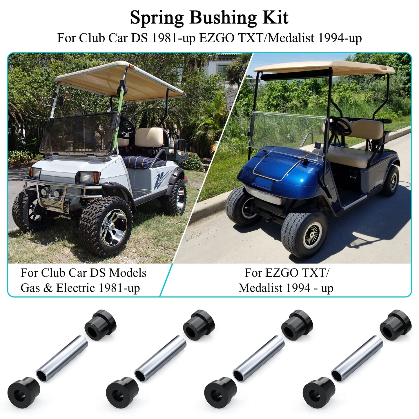 Golf Cart Rear Leaf Spring Bushings & Sleeves Kit for EZGO TXT/Medalist (94+) Gas/Electric, Club Car DS 1992-up, Include 8 Bushings 4 Metal Spacers