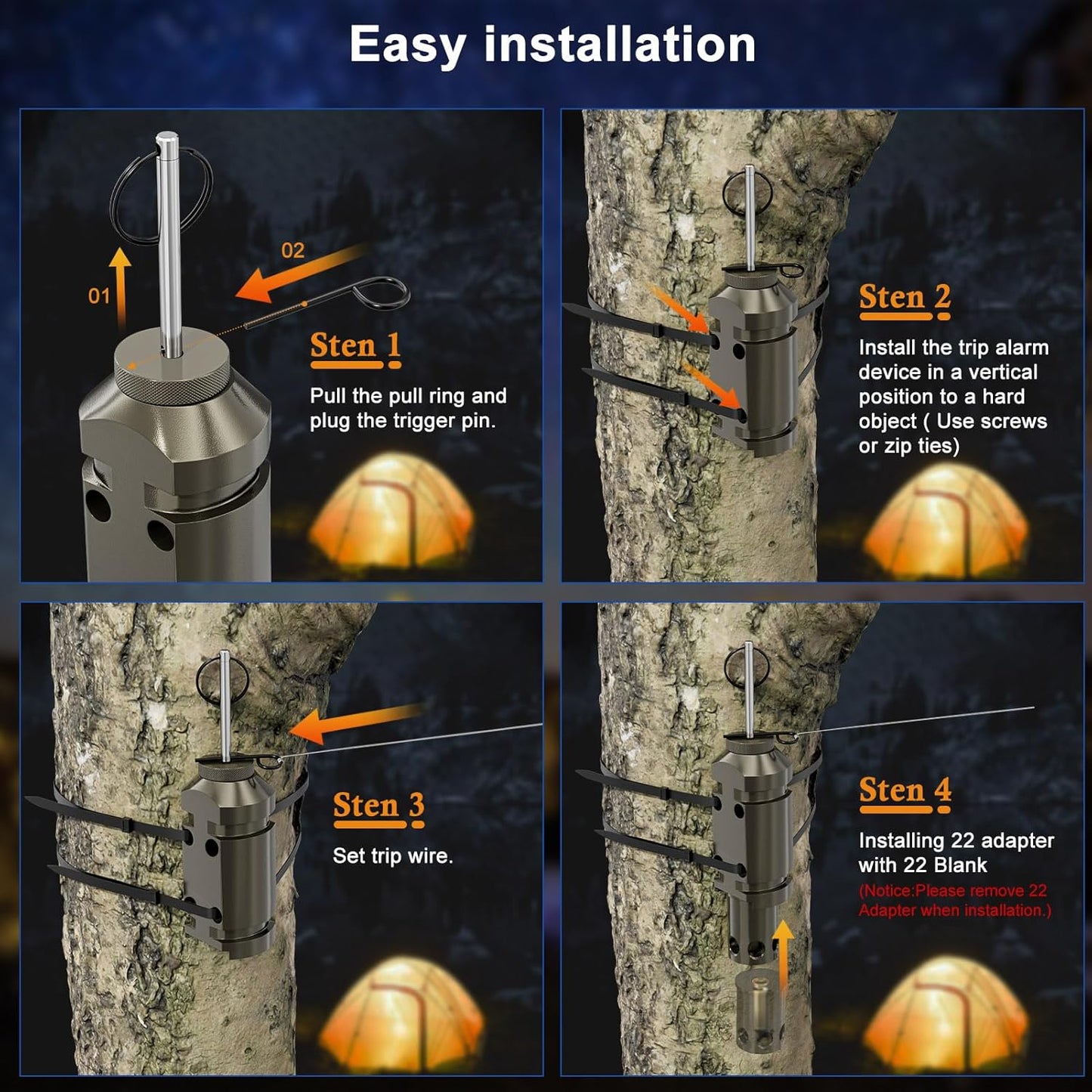 Upgraded Perimeter Trip Alarm - 12 Gauge Camping Trip Wire Security System | 2 Pack with .22 Adapter for Outdoor Safety