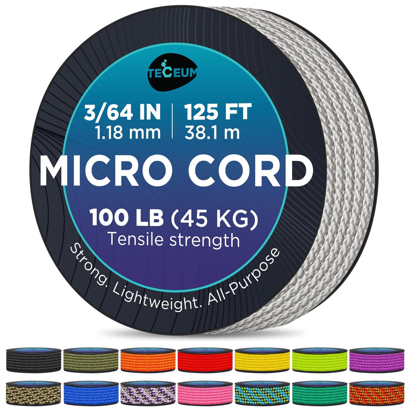 TECEUM Micro Paracord – Silver Gray – 1.18 mm x 125 ft – Micro Utility Cord – Thin Braided Paracord Rope Nylon Polyester – Wind Chime Replacement – Survival Strong String 002c