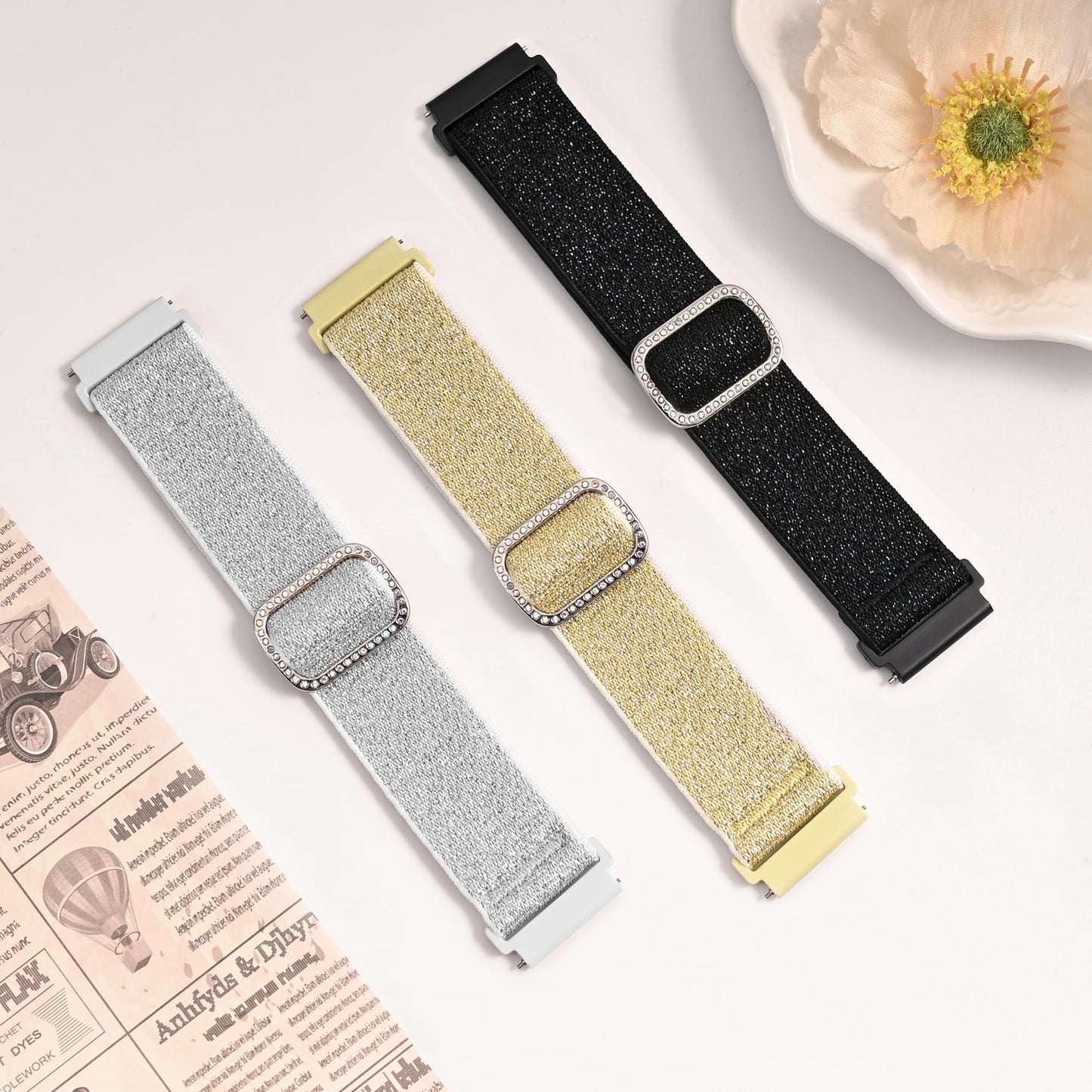 3 Pack Nylon Bands Compatible with Woneligo/Fitpolo Smart Watch, 22mm Soft Elastic Straps for Quican/Tensky/Aeac ID208 Plus/Veryfit IDW28/TOOBUR/Tensky/ENOMIR/Amzhero/WNH IDW19 Glitter Bands for Women