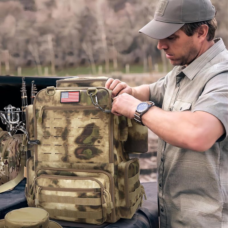 Fishing Tackle Backpack - Waterproof 45L Gear Bag with Rod Holders | Large Sahara Khaki Camo