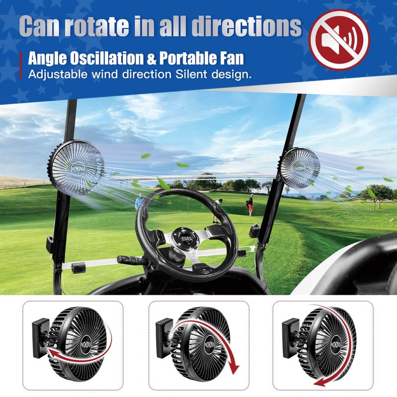 NOKINS Golf Cart Fan, Portable Magnetic Fans for Golf Cart EZGO Club Car Yamaha, Low Noise Designed and 3-Speed Settings 360° Rotatable with Magnetic Mount Base&USB Input (Set of 2)