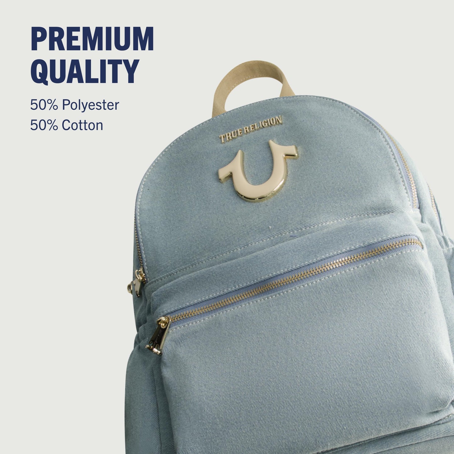 True Religion Backpack, Horseshoe Logo and Zip Pockets Travel Bag, Denim