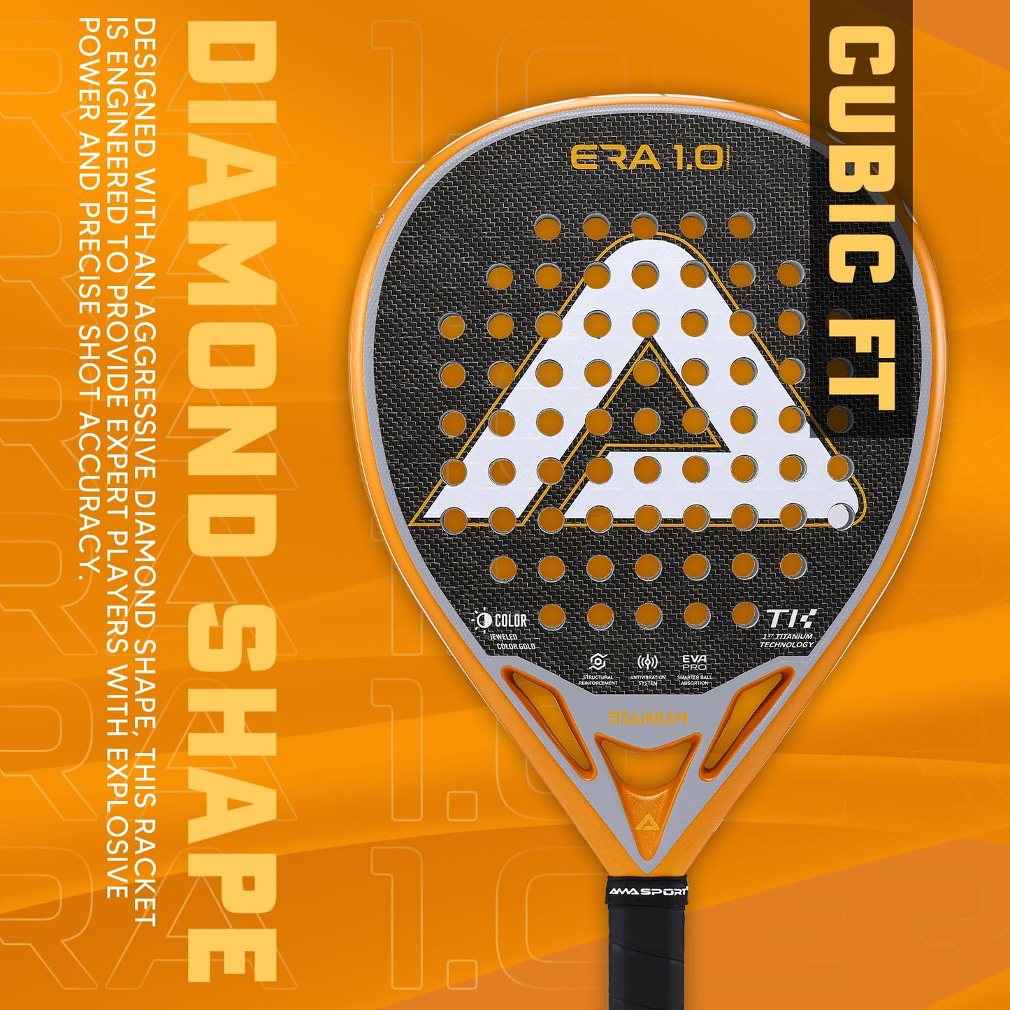AMA SPORT ERA 1.0 Padel Racket Titanium Carbon Fiber Surface with EVA Flex Foam Core Paddle Racket Lightweight Power & Precision Control Padel Racquet for Intermediate and Advanced Players (Gold)