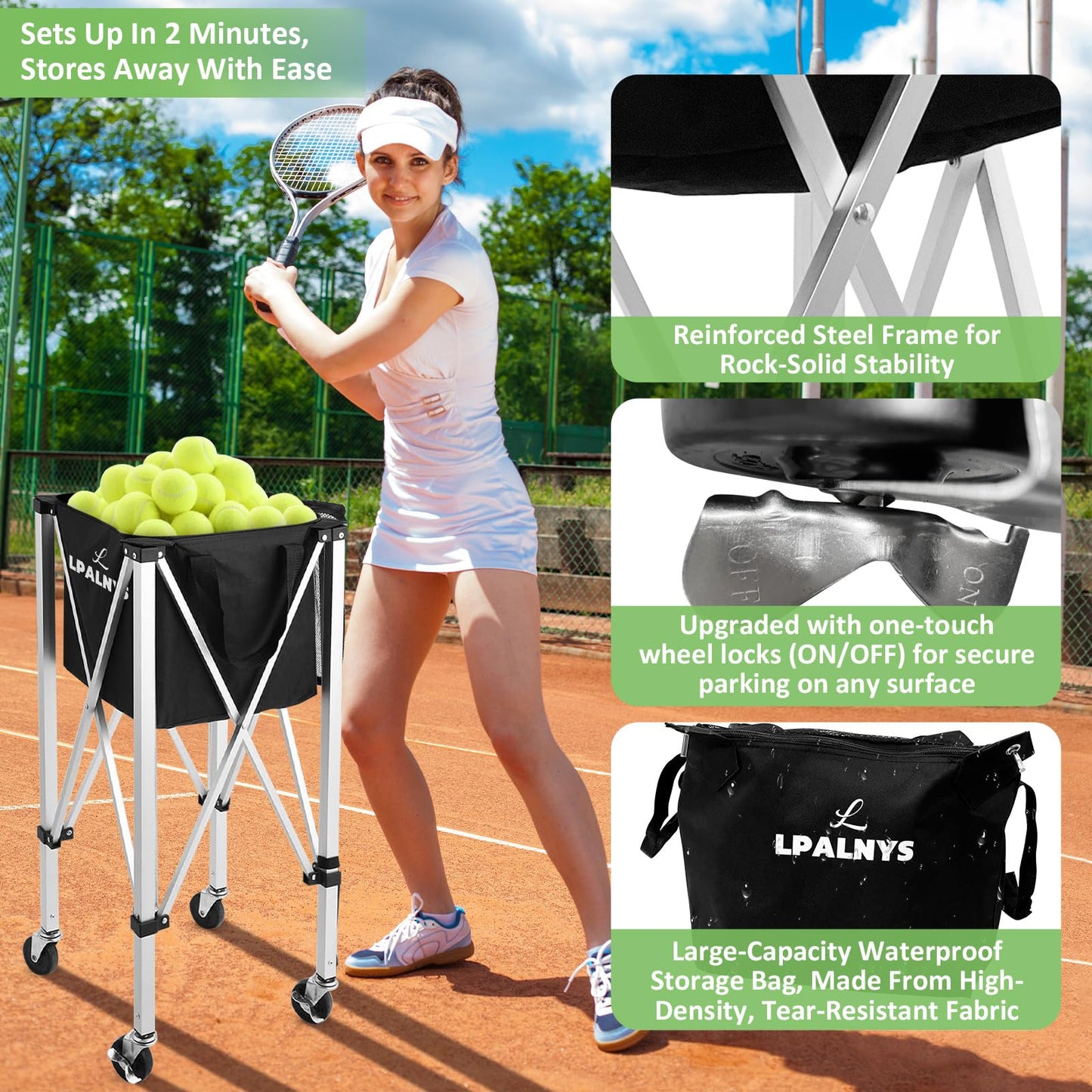 Pickleball Tennis Ball Hopper-Foldable Lightweight Tennis Cart Holds 180 Tennis/160 Pickleballs with Removable Bag,Wheels,Side Pocket for Training/Teaching, for Tennis/Pickleball/Baseball/Softball