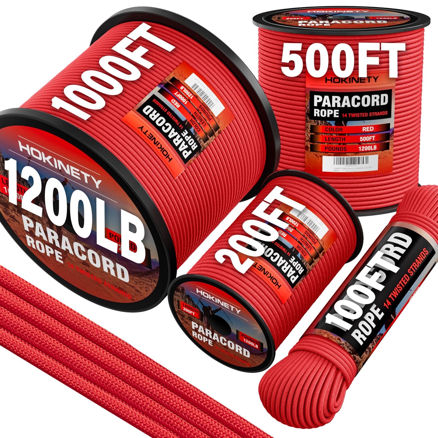 HOKINETY 1200 Paracord Rope - 4.4mm 14 Strand Nylon Parachute Spool para Cord Lanyard for Outdoor Camping Survival Utility Tent Crafting DIY Projects Fishing Clothsline Bracelet - Red 200FT