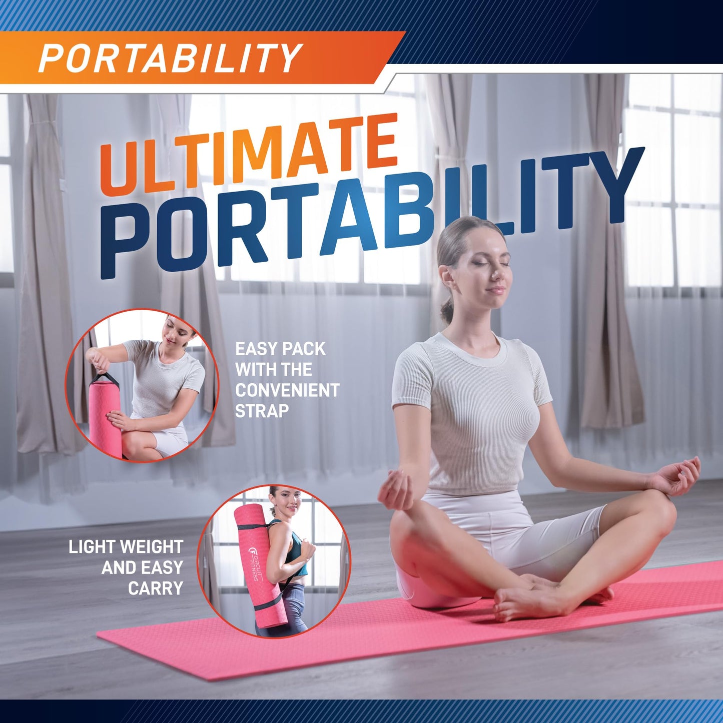 Circuit Fitness by Marcy 1/4-inch (6mm) Non Slip Multi-Purpose Exercise Yoga Mat with Carrying Strap - Coral Pink