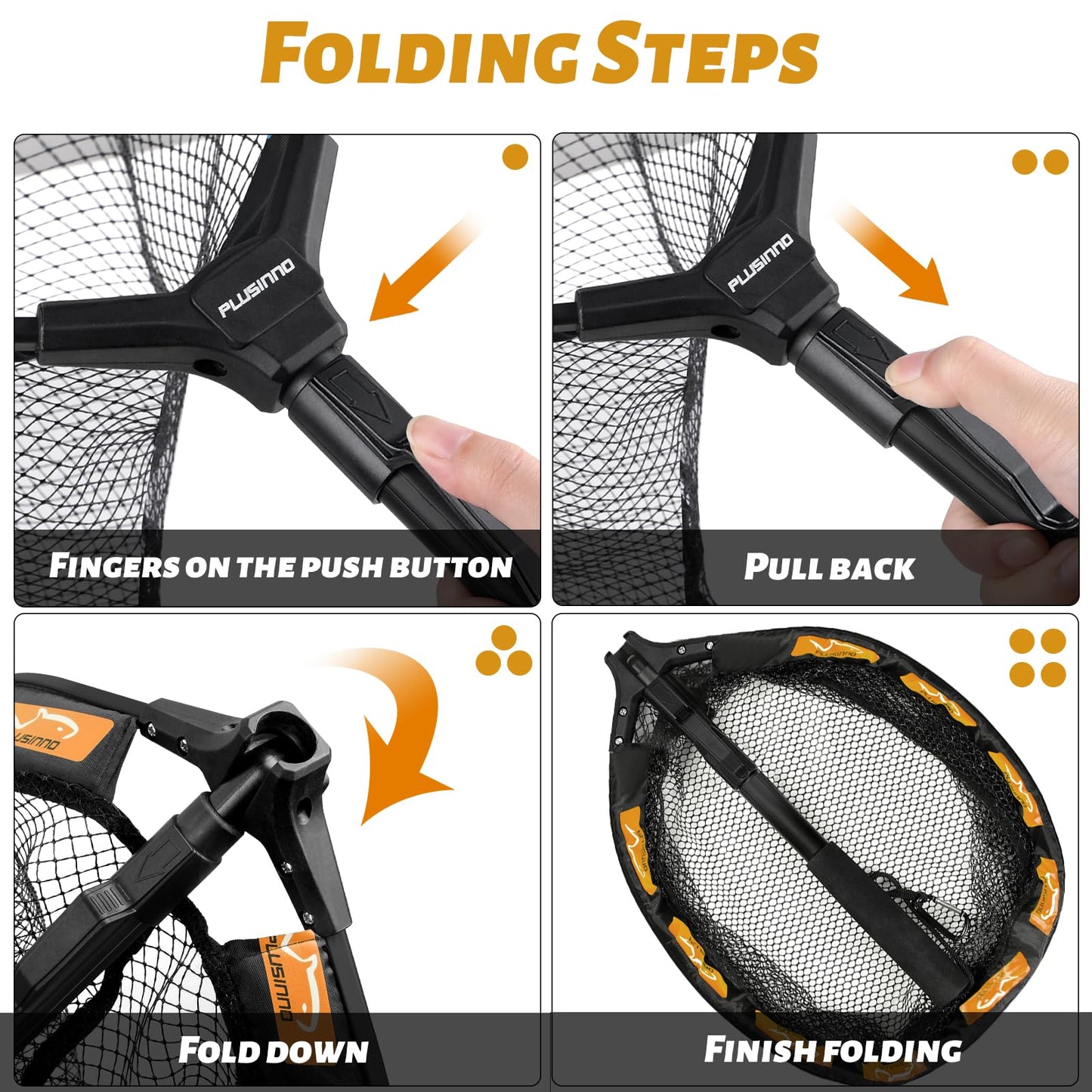 PLUSINNO Fishing Net Fish Floating Landing Net, Kayak Nets with Fixed Foldable Telescopic Pole Handle,Bass Trout Fishing Nets with Nylon Mesh for Pond Lake River,Fishing Gear Gifts for Men Orange 1.0M