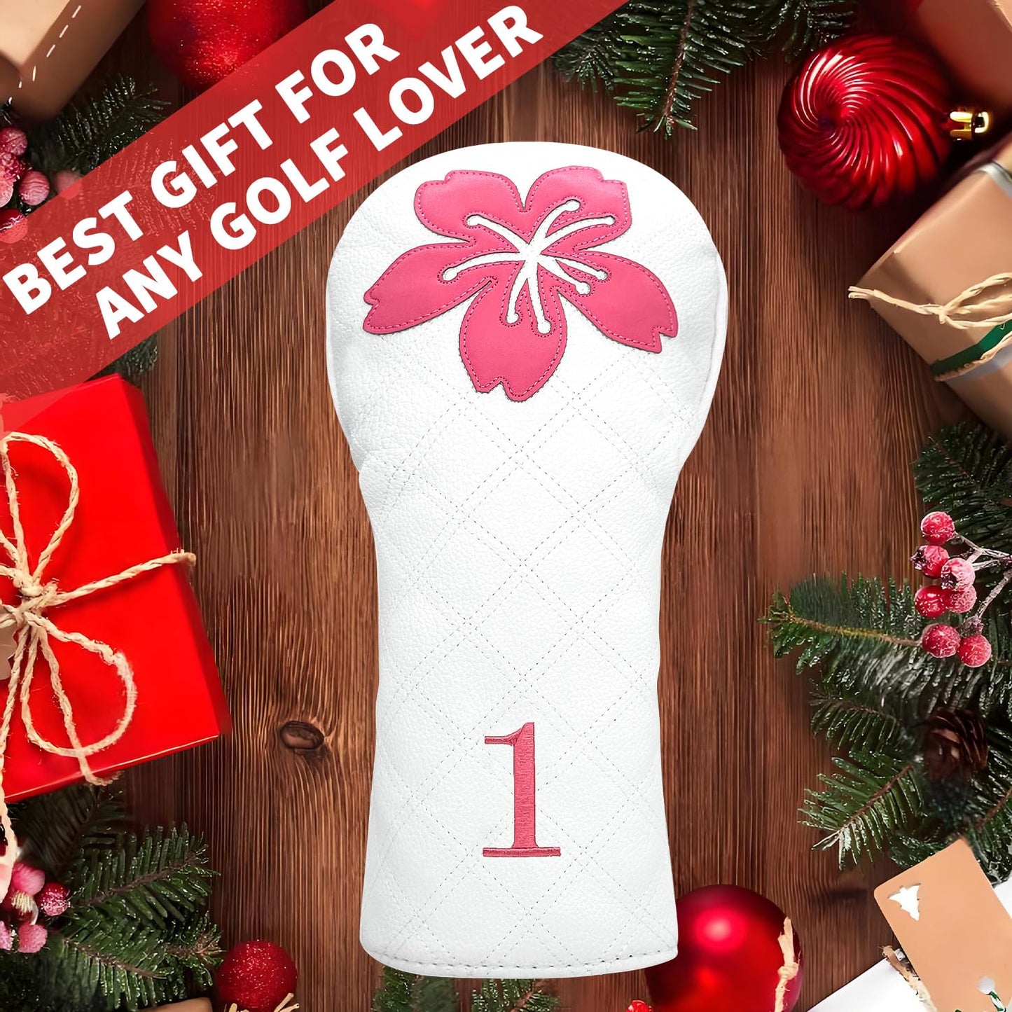 Grid Cherry Blossom Design Golf Covers PU Headcovers Set Fits Driver Fairway Wood Hybrid Utility Woods Iron Wedge Headcover, Premium Leather Golf Headcovers