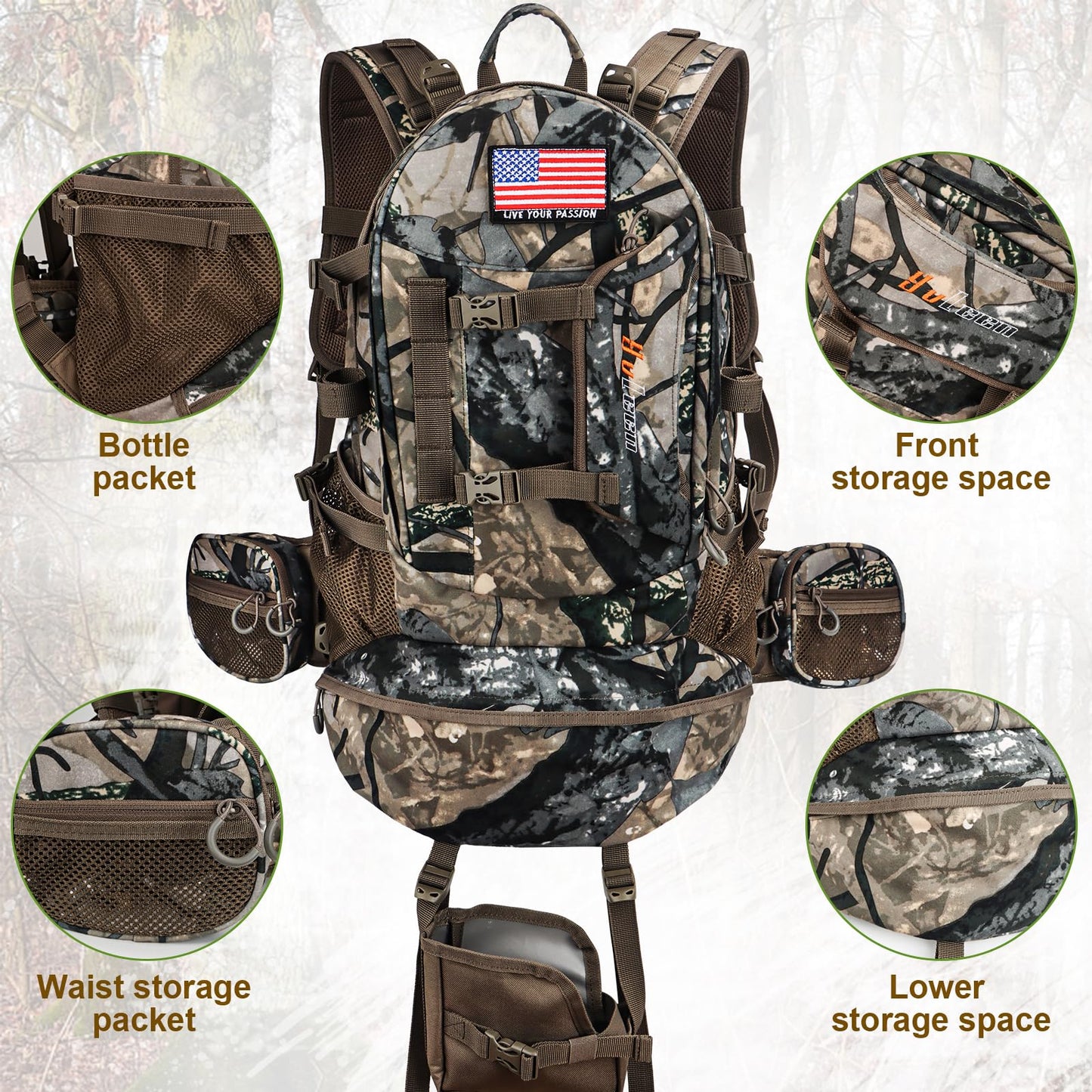 YVLEEN Hunting Backpack, Durable Camo Hunting Packs for Men, Large Capacity Hunting Day Pack for Rifle Bow Gun