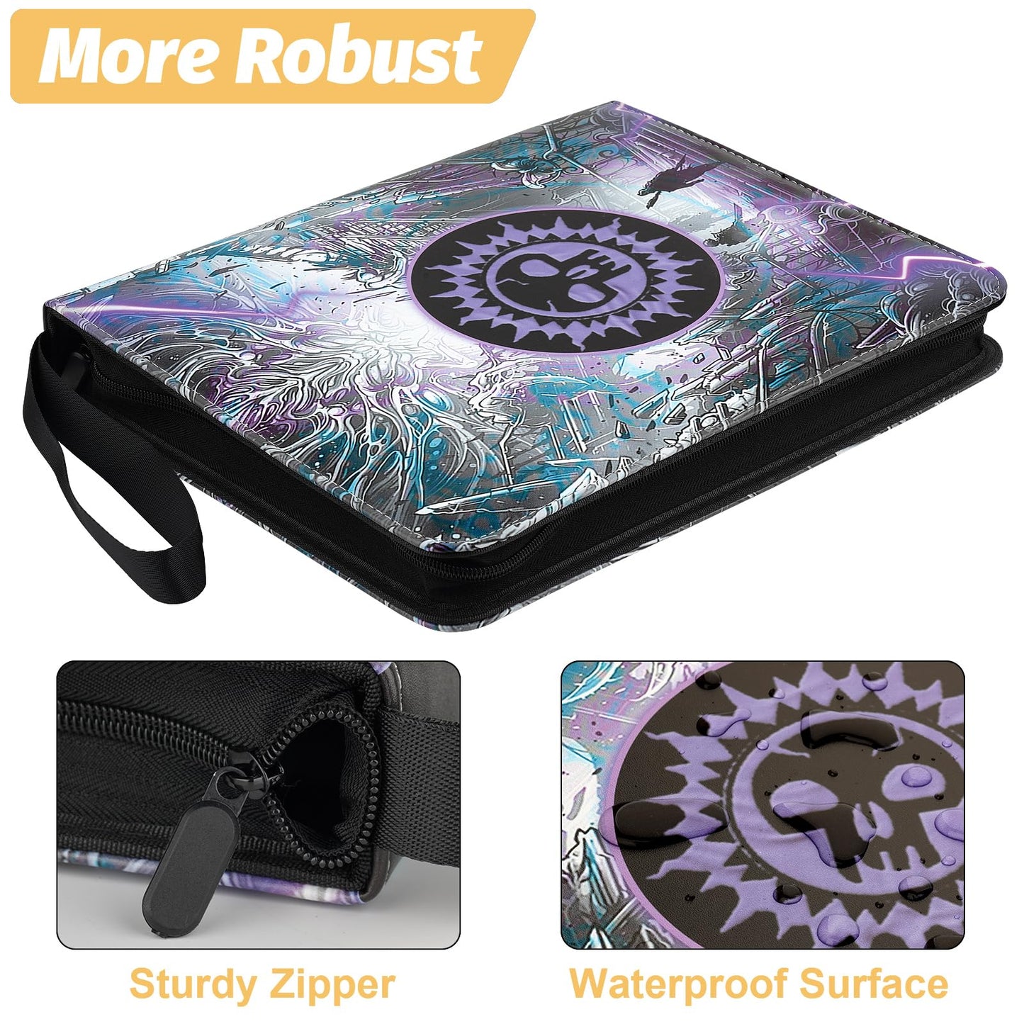 720 Pockets Round Ring Trading Card Binder, 9-Pocket Clear Zipper Card Album with Wrist Strap, Holds 720 Standard TCG Cards Compatible with Sports Baseball Football Game Cards (Purple Print)