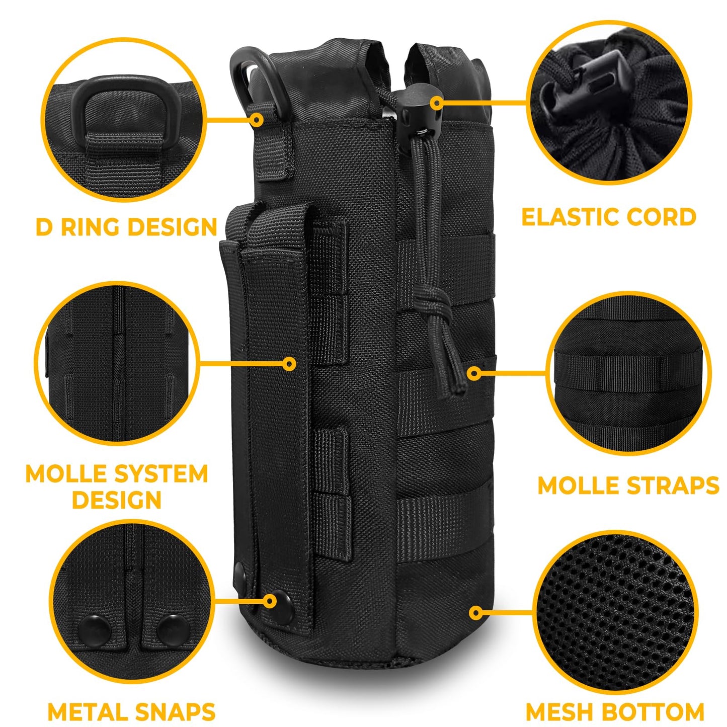 Tanzueji Upgraded Sports Tactical MOLLE Water Bottle Pouch with 2 Carabiners, Drawstring Open Top & Mesh Bottom Travel Hydration Carrier for Outdoor Hiking Camping