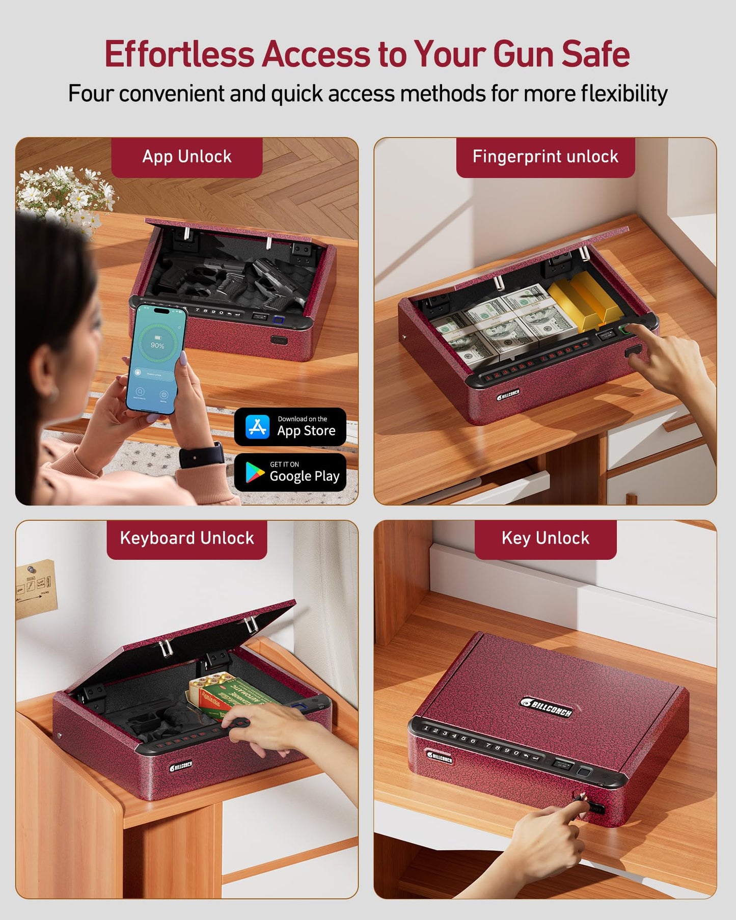 BILLCONCH Smart Gun Safe with 4 Quick-Access Methods, LCD & Security Cable