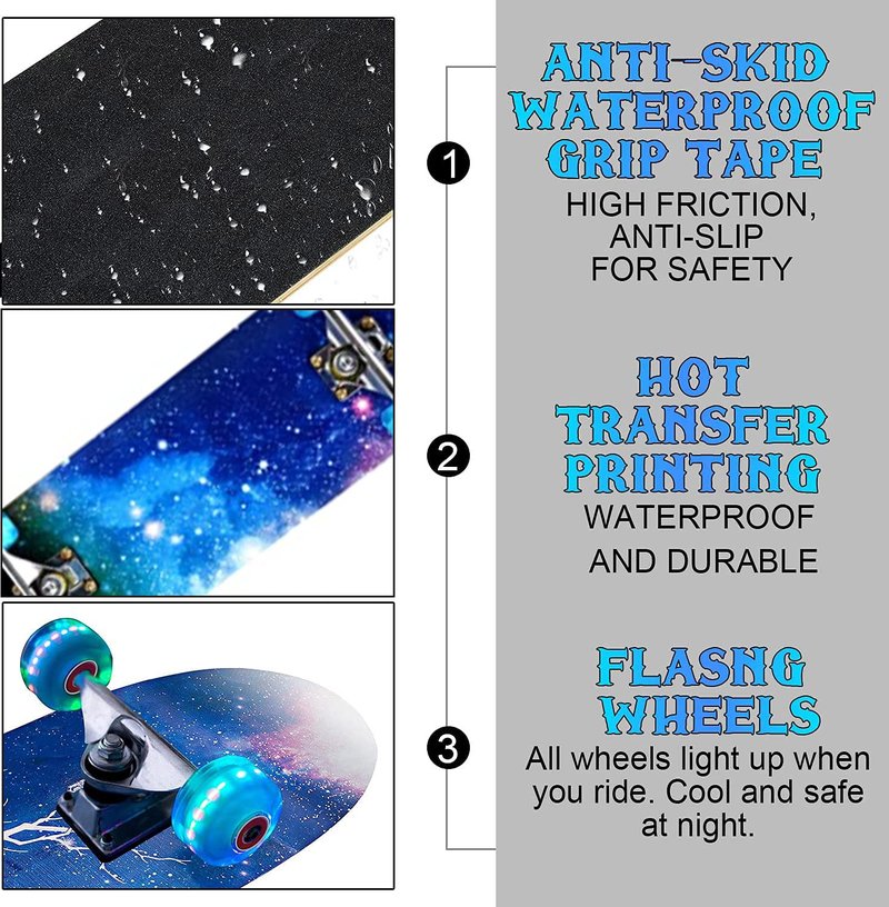 Skateboards with Colorful Flashing Wheels for Beginners,Kids,Teens,Adults, Complete Standard Skate Boards 7 Layer Maple Deck Concave Skateboard