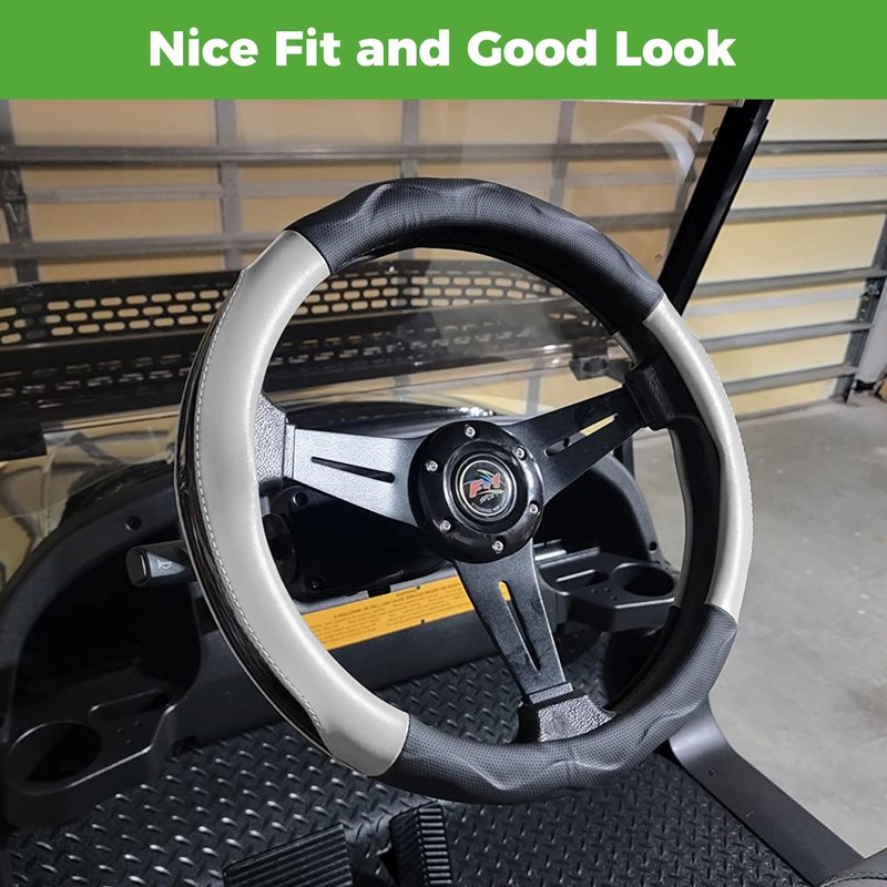 10L0L Golf Cart Steering Wheel Cover 14 inch for Club Car DS Precedent and Yamaha Models, PU Leather Rubber Anti-Slip Grip, Breathable All-Season Protector, Black+Grey