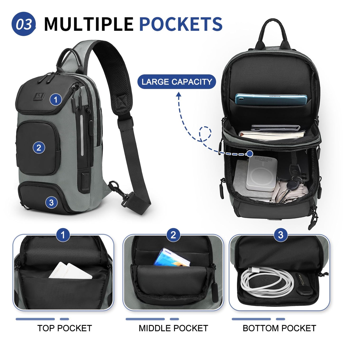 SUIKIHUM Sling Bag for Men, Anti Theft Mini Backpack with USB Charge Port, Lightweight Convertible Crossbody One Strap Casual Pack (Grey)