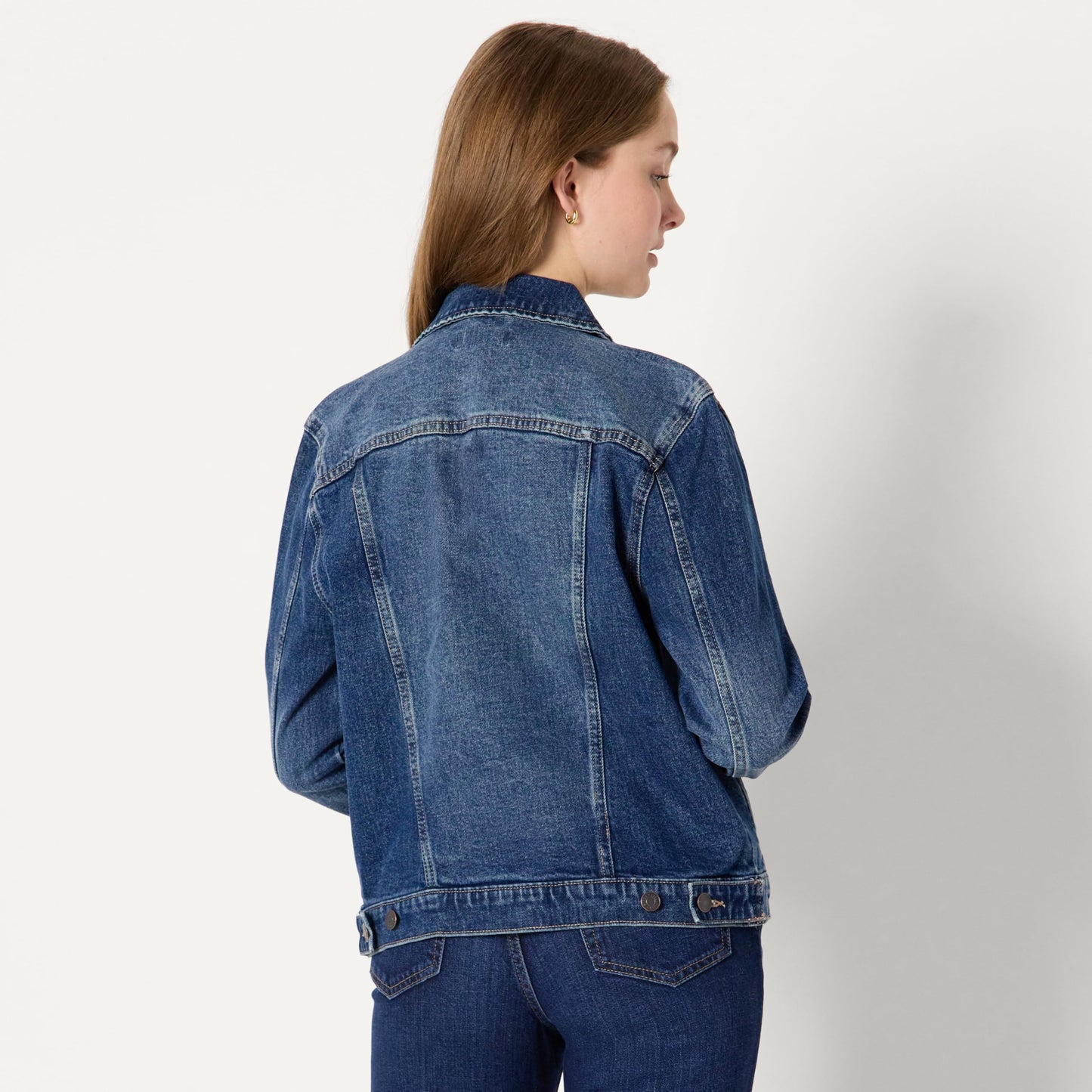 Amazon Essentials Women's Oversized-Fit Rigid Denim Trucker Jacket, Stone Dark Wash, Large