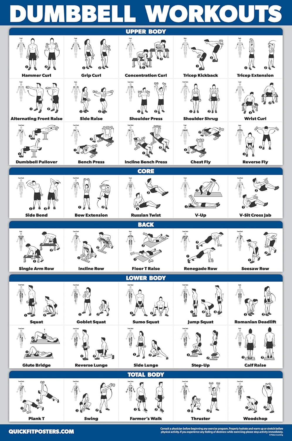QuickFit Dumbbell Workout Poster Set | Laminated 3-Pack of 18" x 24" Exercise Charts