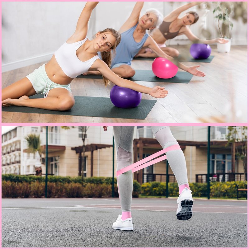 Poen 14 Pcs Pilates Equipment Kit for Home Workout Pilates Ring and Ball Set for Women 12'' Circle Yoga Fitness Essentials Kit with Resistance Bands, Yoga Strap, Socks,Bag (Purple,Pink)